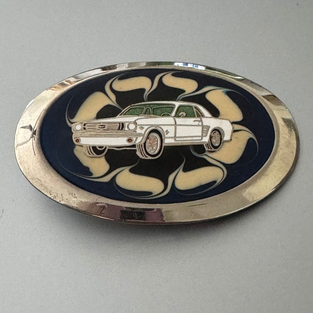 Vintage Ford Mustang Belt Buckle White Muscle Car Enamel Blue Swirl Oval Retro